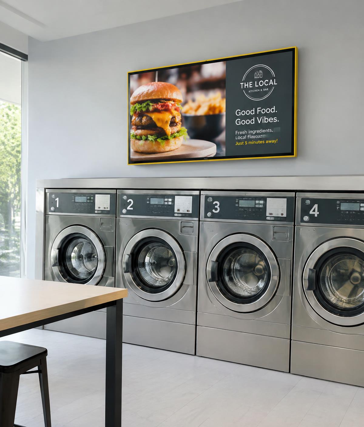 Advertising screen above washers in a laundromat